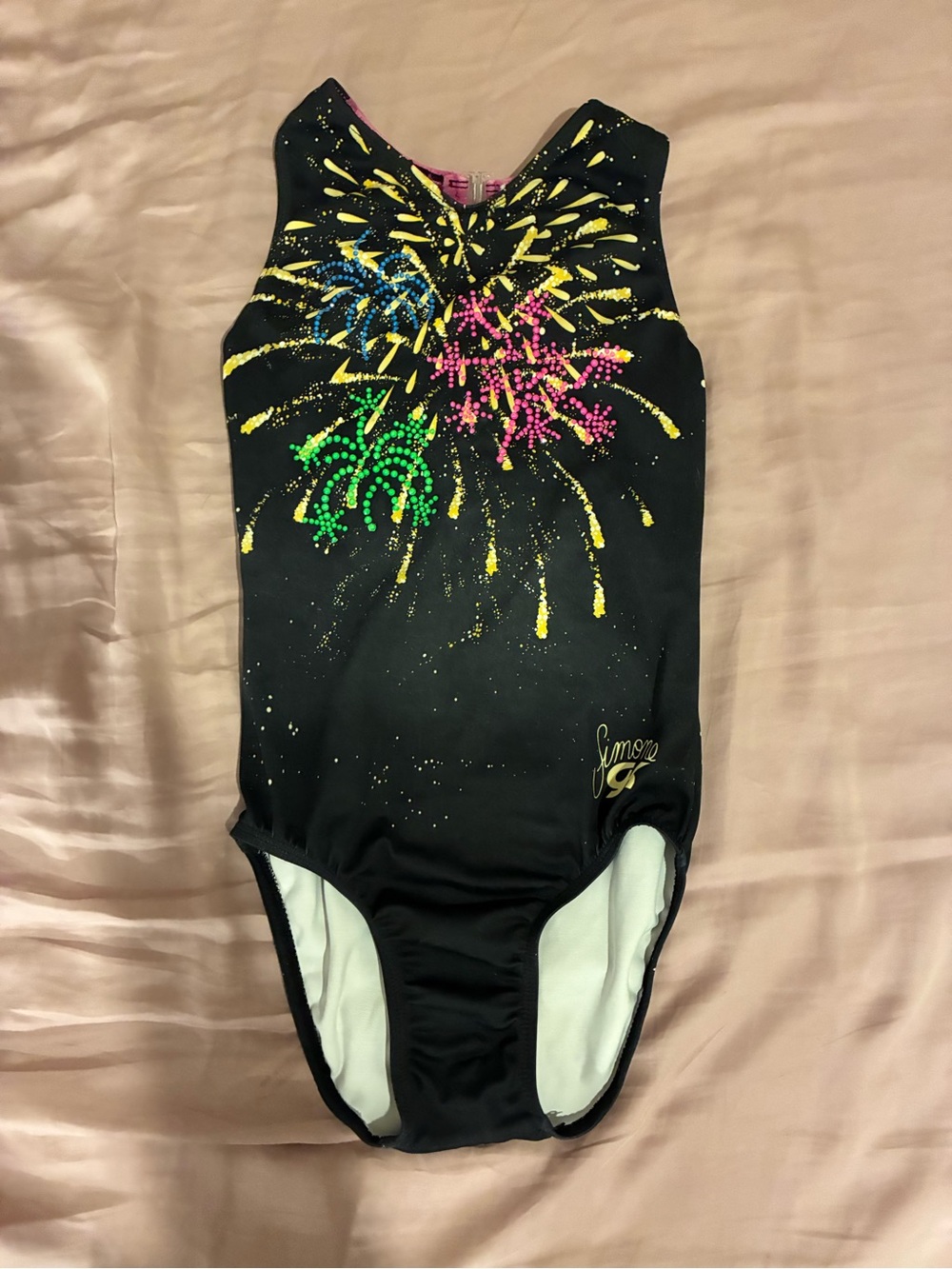GK Black Biles invitational leotard gymnastics Multicolor Firework Design